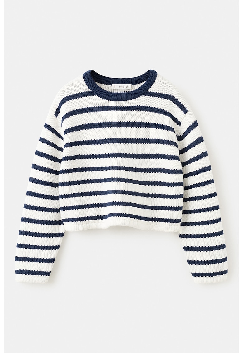 Pulover crop tricotat cu dungi - Alb murdar/Bleumarin