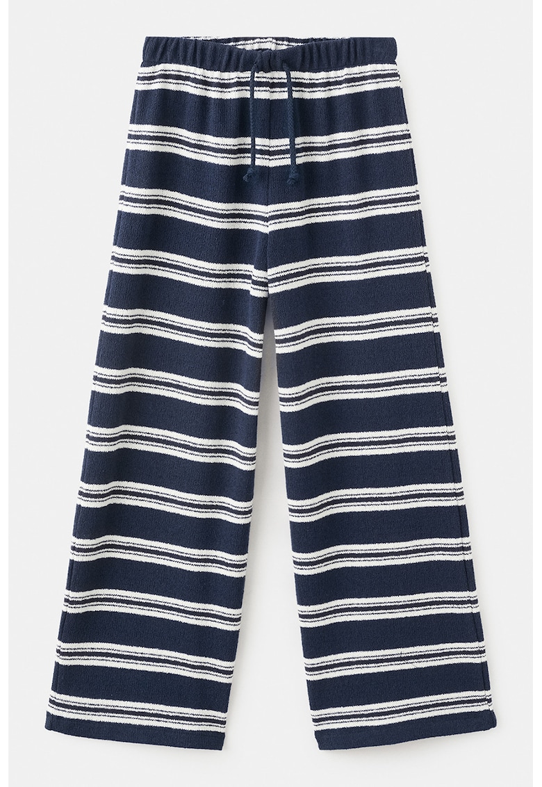 Pantaloni tricotati cu dungi si snur - Alb murdar/Gri inchis/Bleumarin