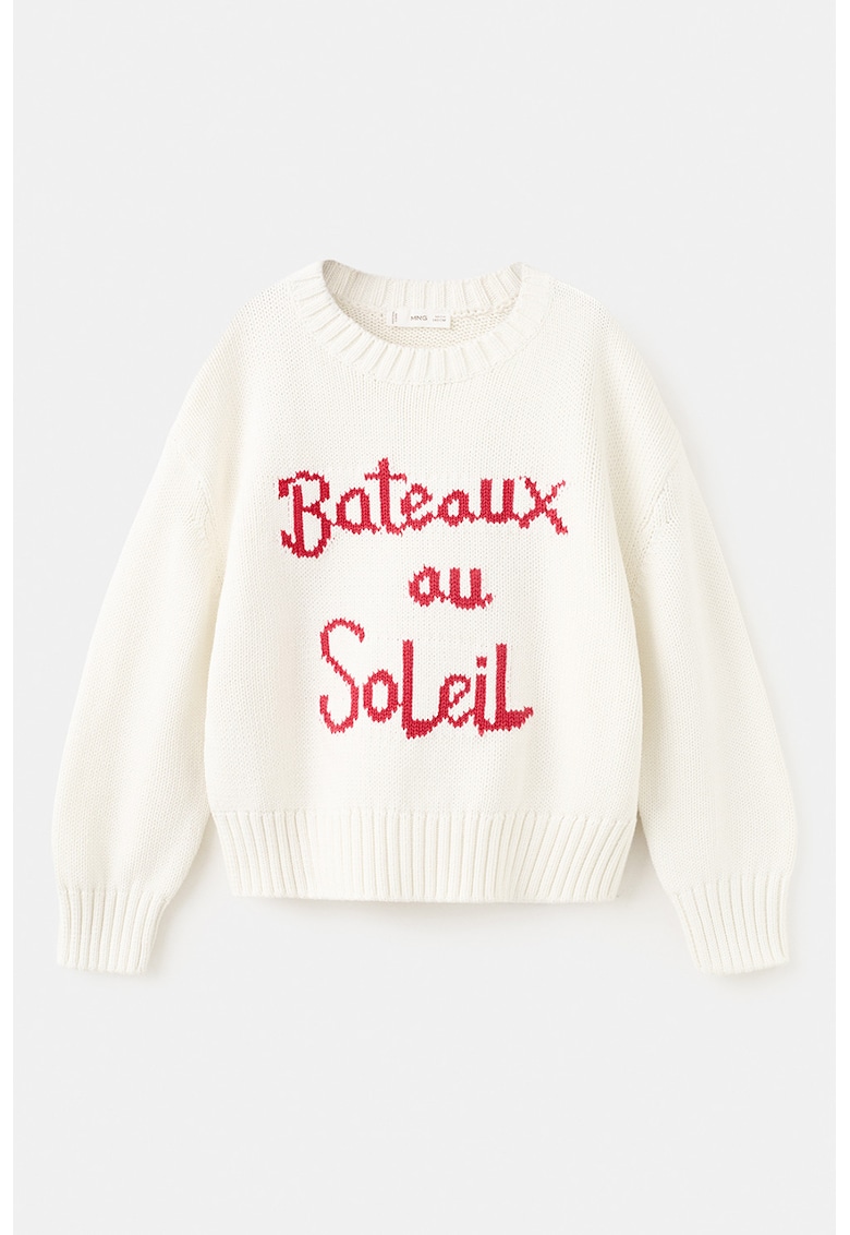 Pulover cu decolteu la baza gatului si broderie - Rosu/Crem