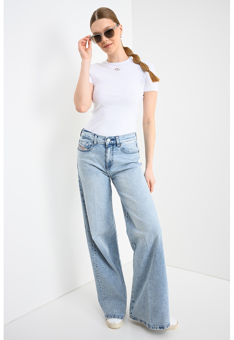 Tricou striat cu decupaj logo - Alb optic