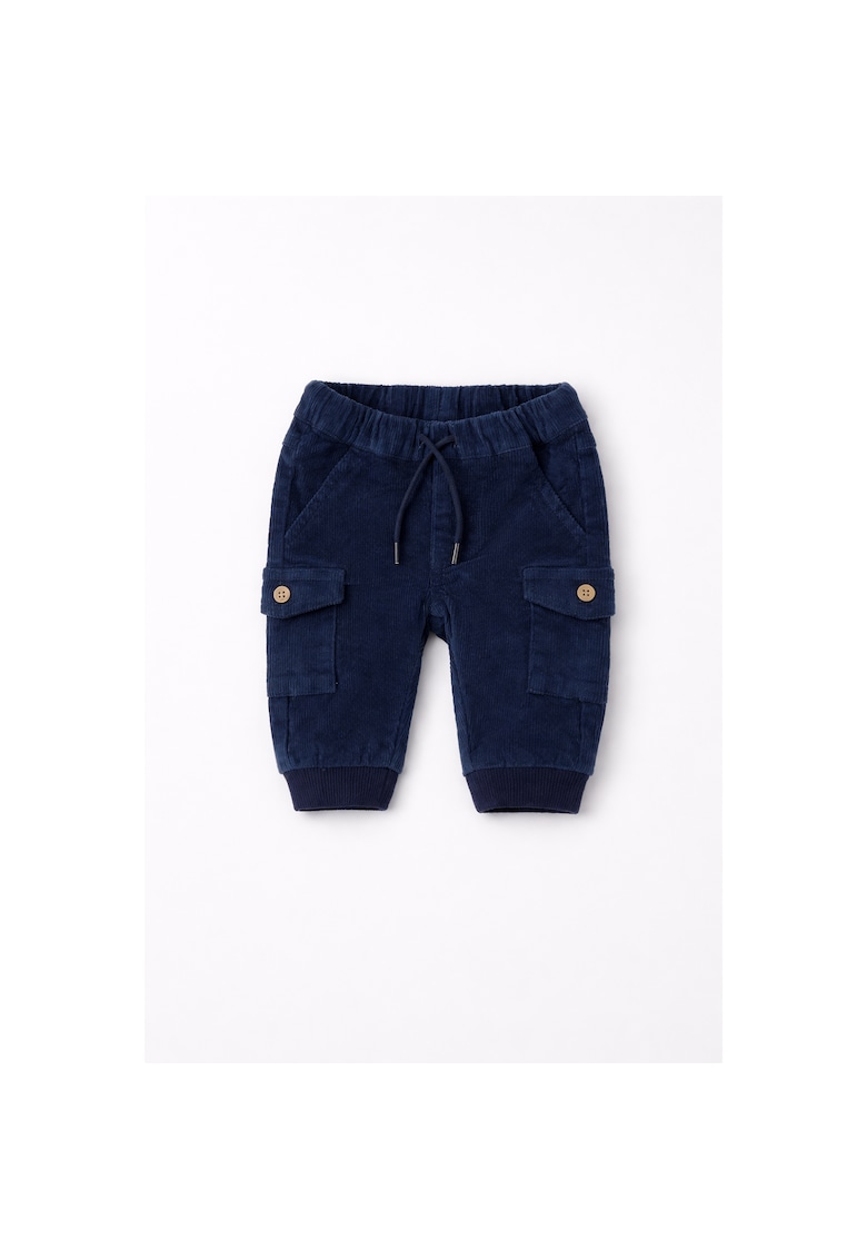 Pantaloni bebe baieti din catifea elastica cu buzunare cargo - Albastru inchis