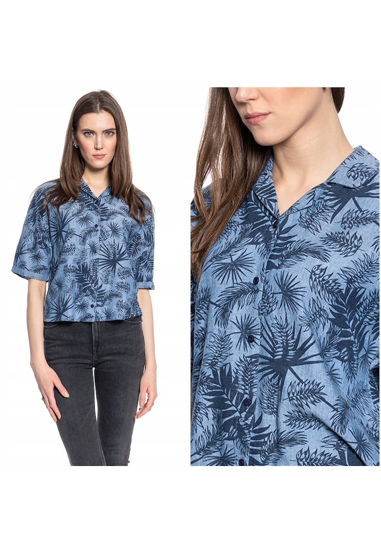 Camasa Dama - Floral Resort Shirt - Regular Fit - Maneci Scurti - Floral Design - Cu Nasturi - Bumbac - Marime S - Albastru