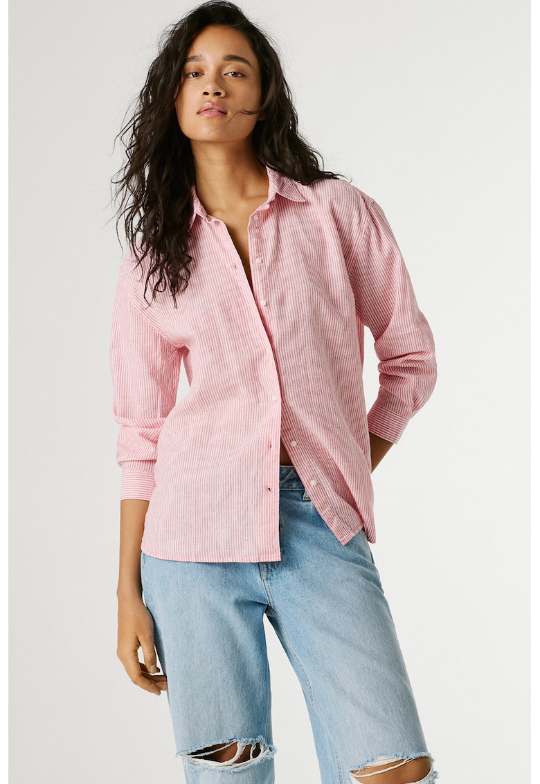 Camasa din amestec de in cu dungi Bernary - Alb/Roz