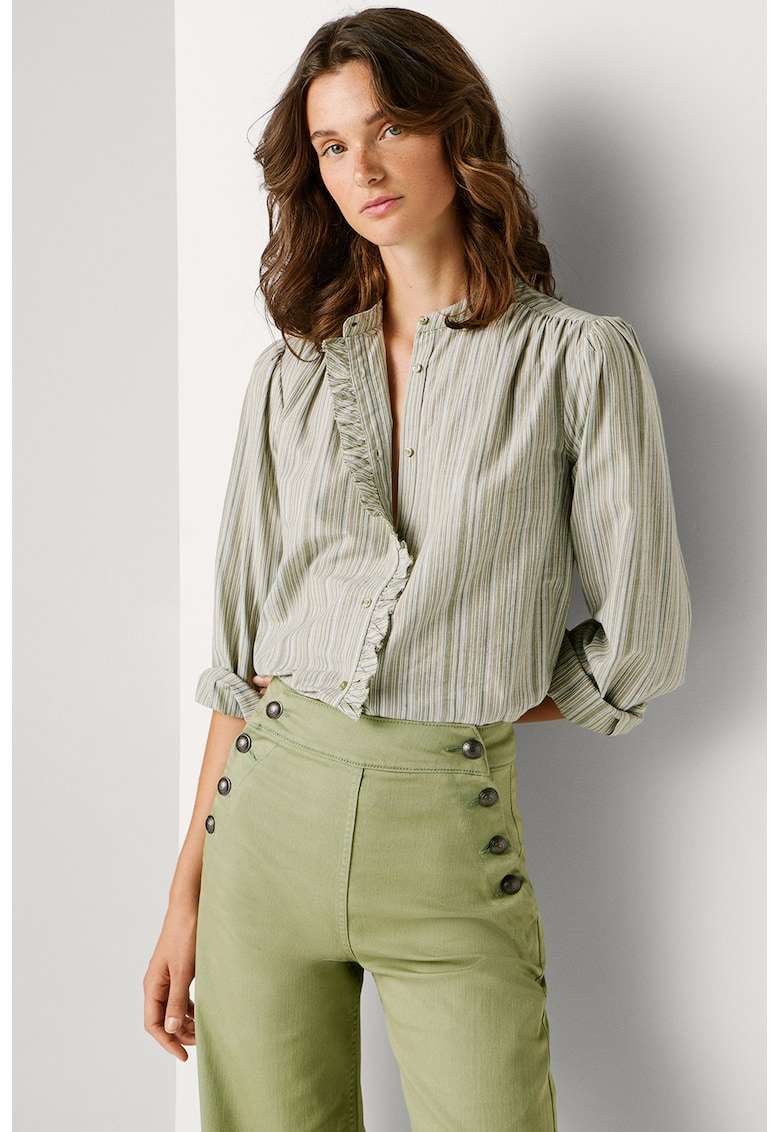 Camasa cu maneci bufante si terminatii cu volane Aliya - Alb/Kaki