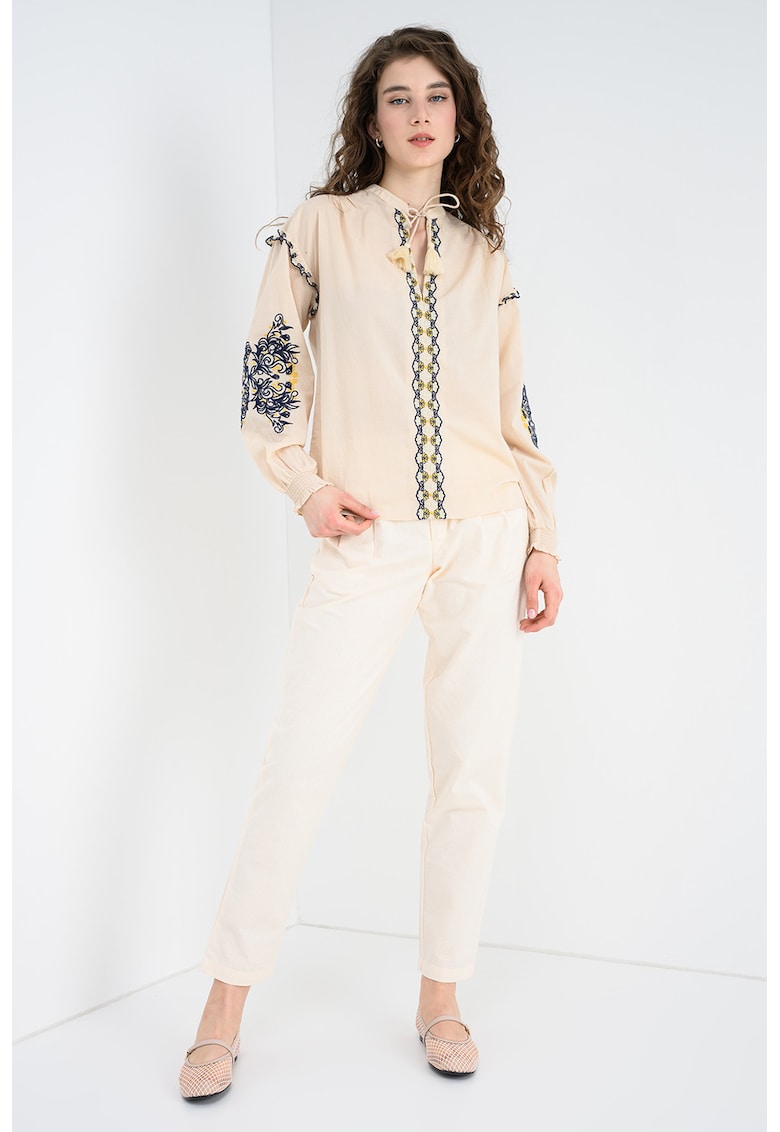 Bluza tunica brodata Beliza - Bej deschis/Bleumarin