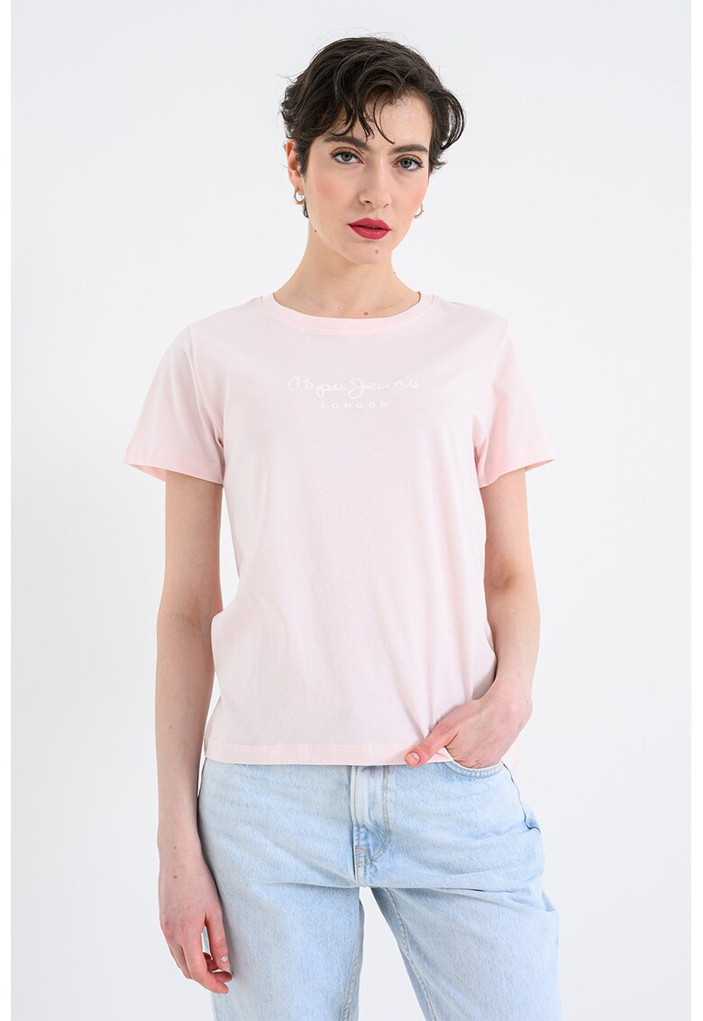 Tricou cu decolteu rotund si logo Mae - Roz pastel