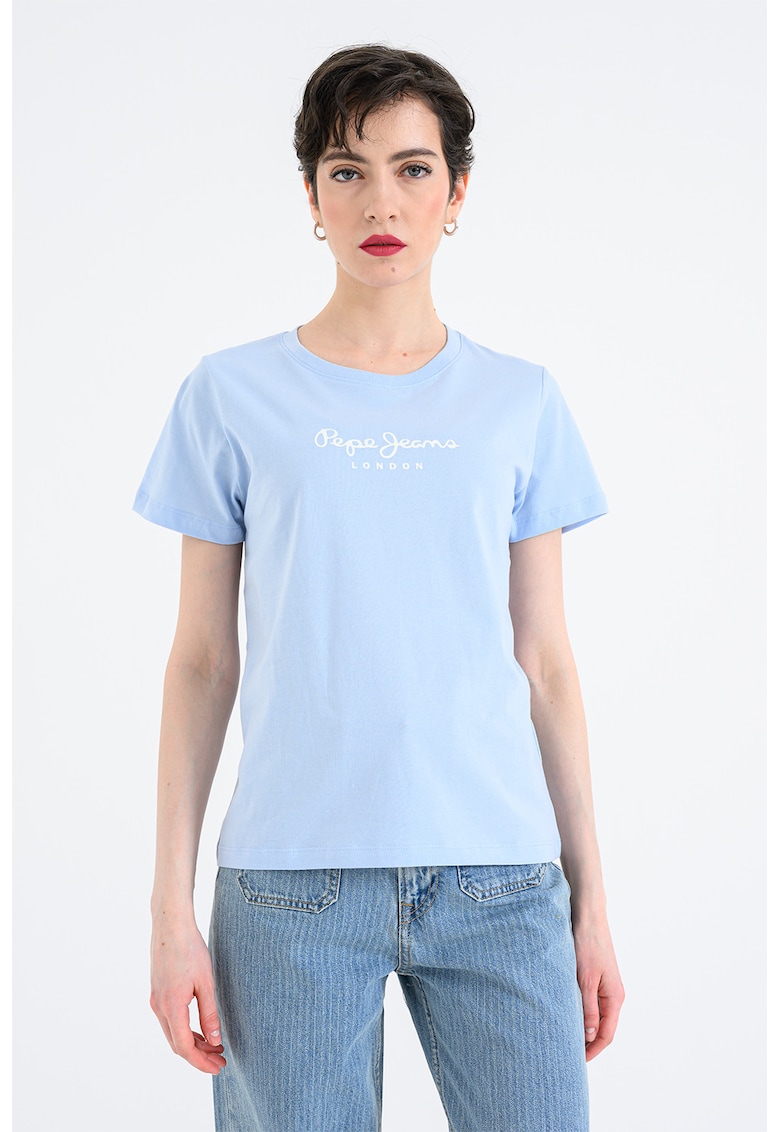 Tricou cu decolteu rotund si logo Mae - Albastru pastel