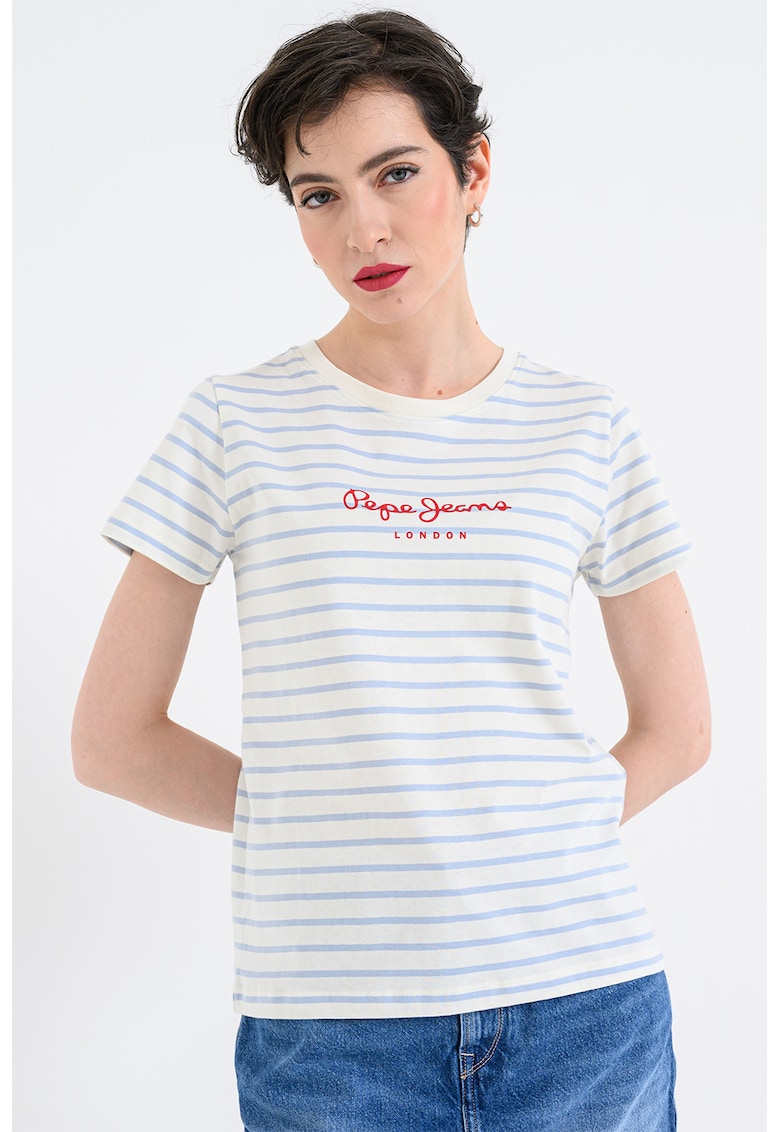 Tricou cu decolteu la baza gatului si dungi Mae - Alb/Albastru