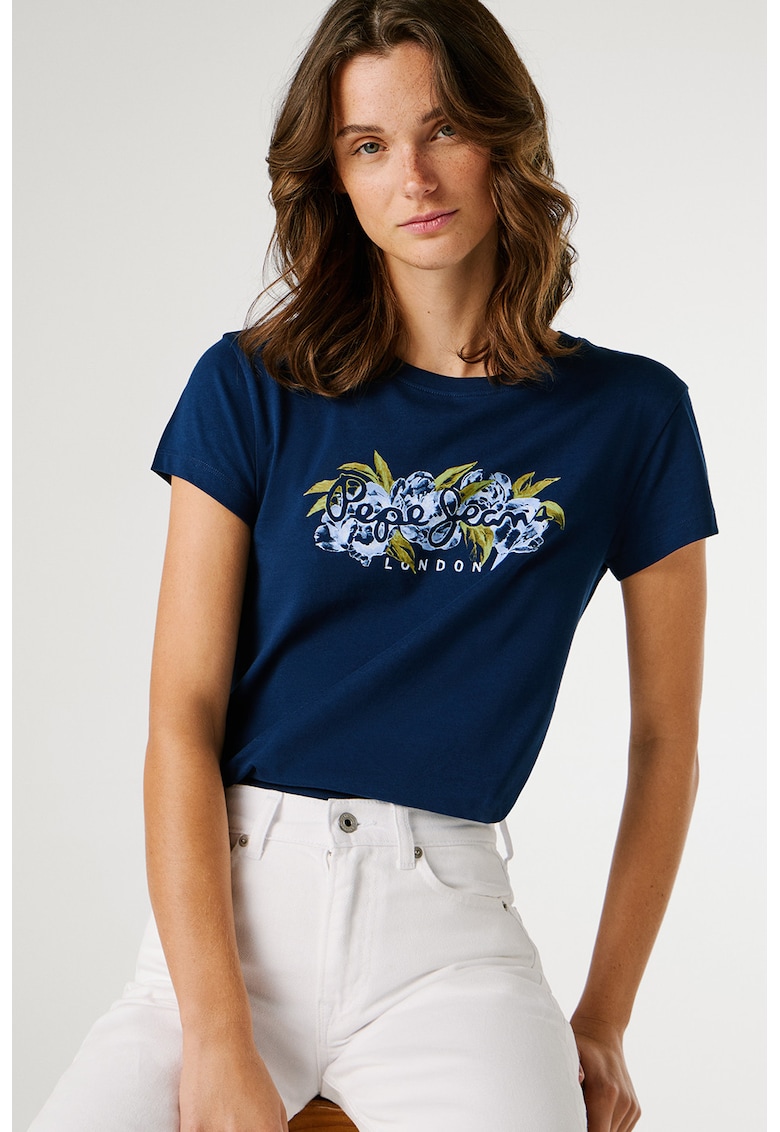 Tricou din bumbac cu logo pe piept si imprimeu floral - Bleumarin