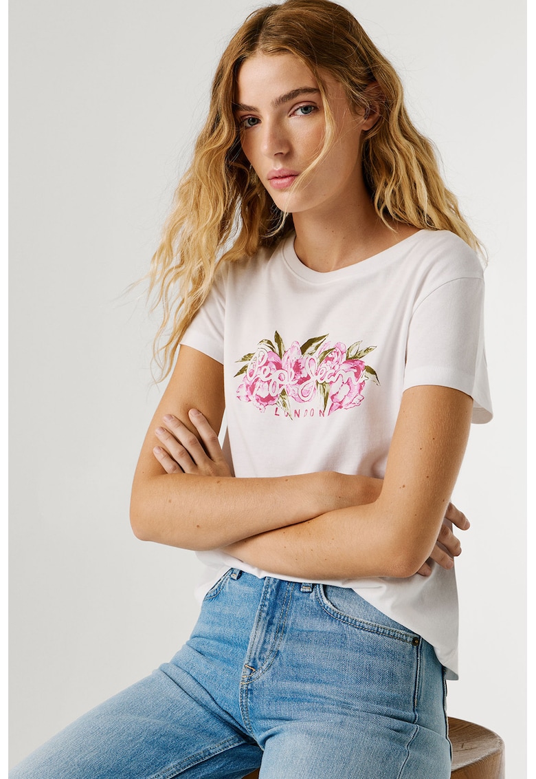 Tricou din bumbac cu logo pe piept si imprimeu floral - Alb/Roz
