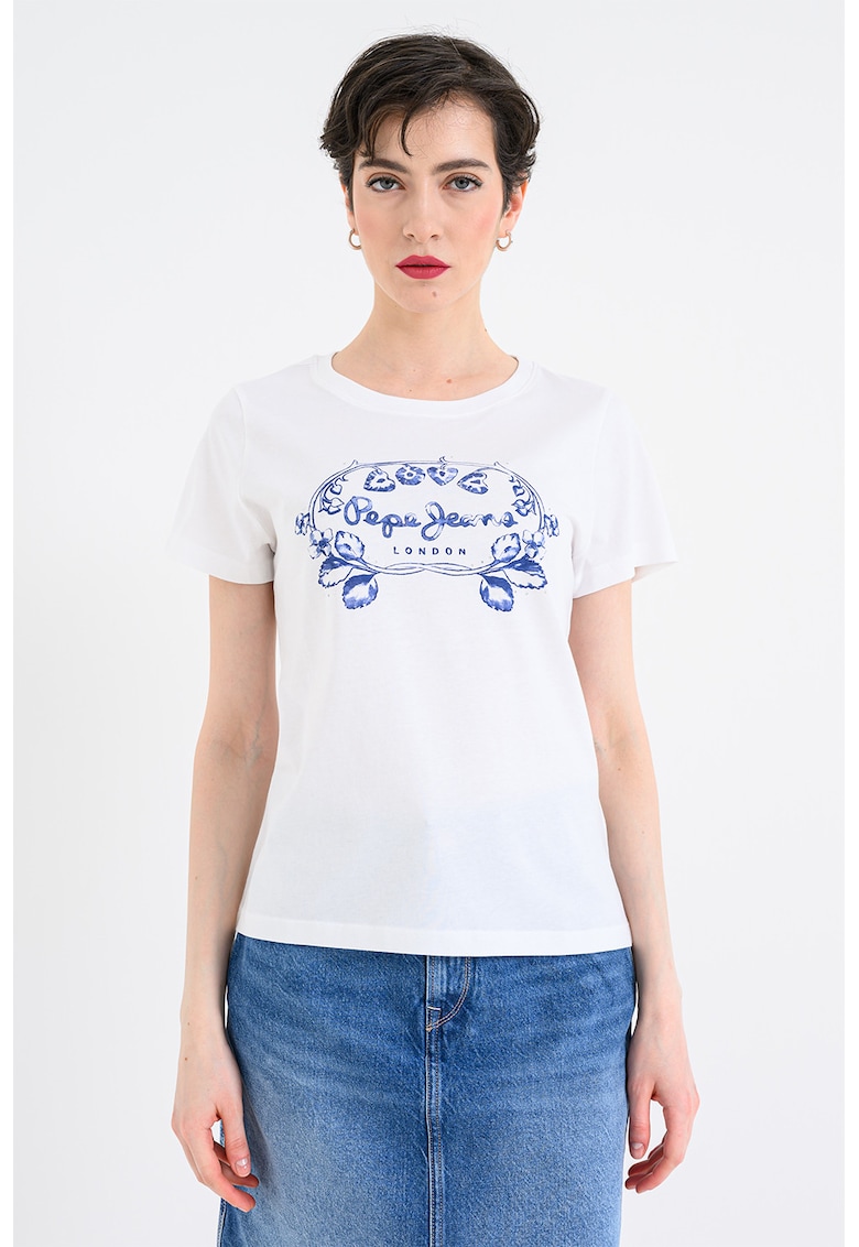 Tricou cu decolteu la baza gatului si imprimeu grafic - Alb