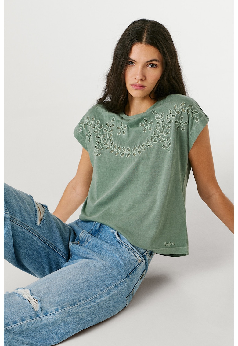 Tricou din bumbac cu flori brodate - Verde