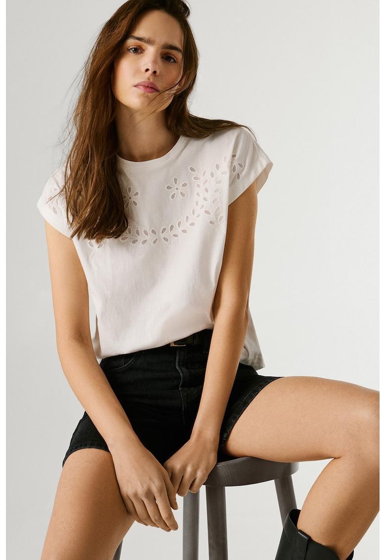 Tricou din bumbac cu flori brodate - Alb
