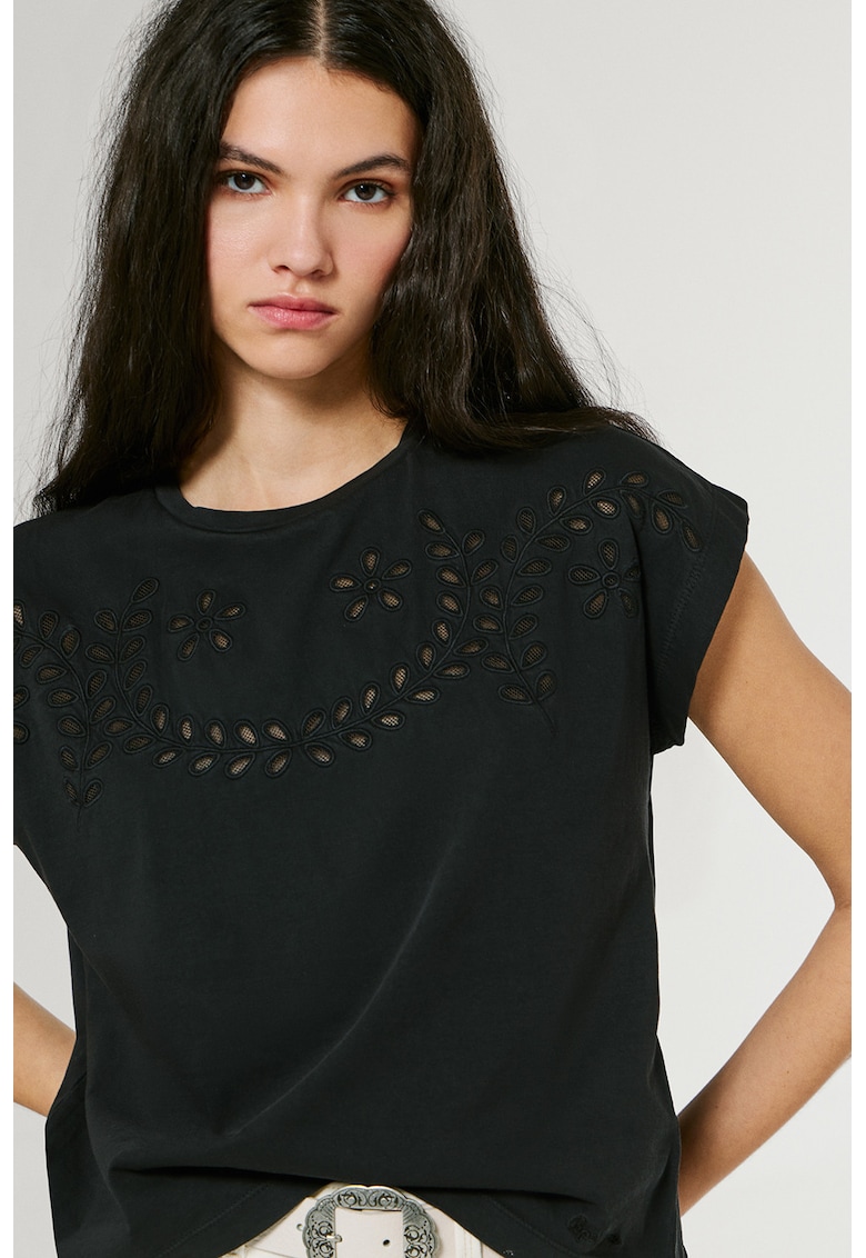 Tricou din bumbac cu flori brodate - Negru