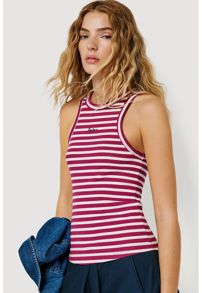 Top cu logo brodat si dungi - Alb/Roz inchis