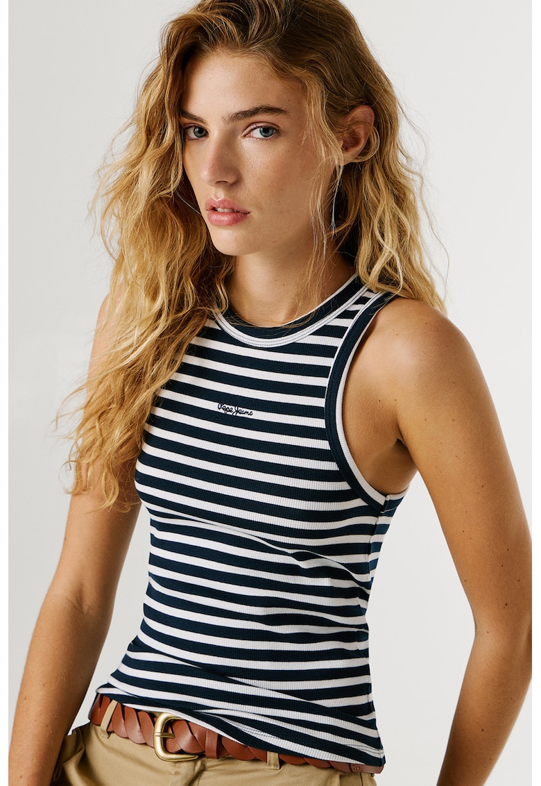 Top cu logo brodat si dungi - Alb/Bleumarin