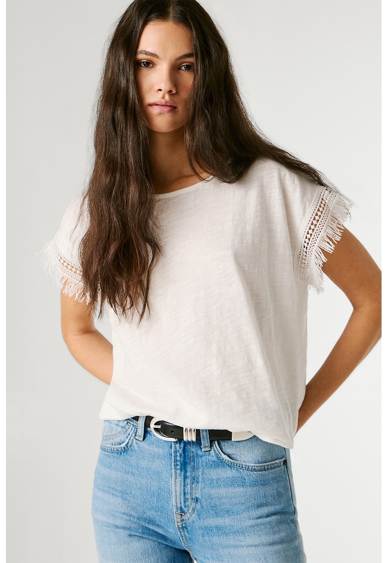 Tricou din bumbac cu detalii franjurate - Alb