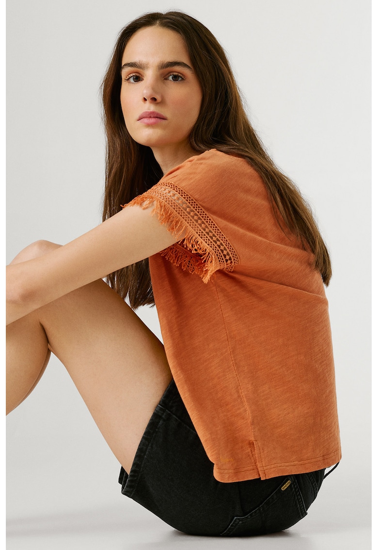 Tricou din bumbac cu detalii franjurate - Portocaliu stins