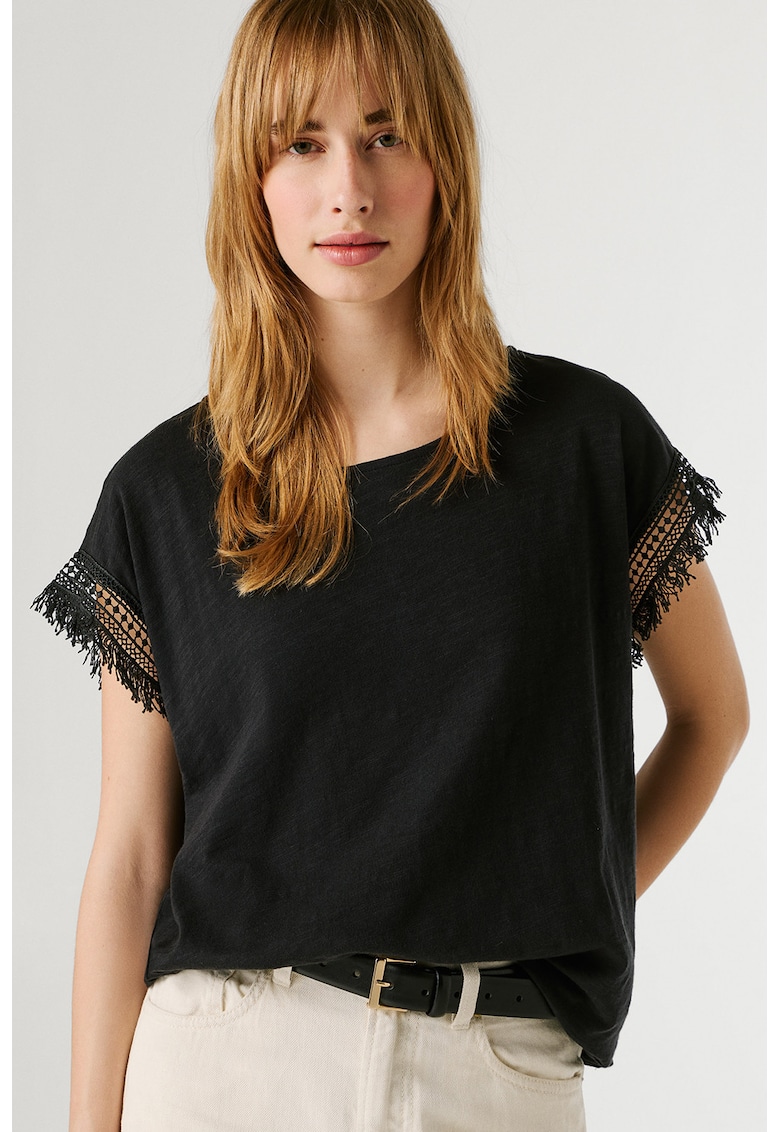 Tricou din bumbac cu detalii franjurate - Negru