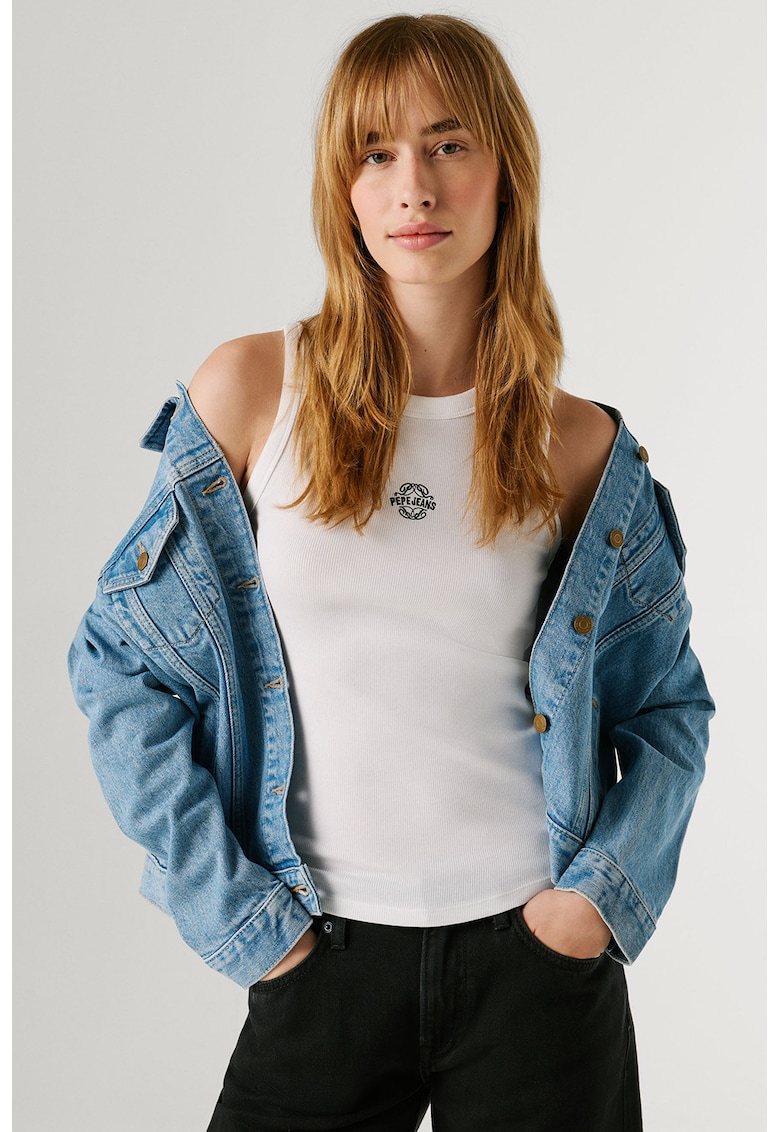 Top slim-fit cu logo brodat discret Phoenix - Alb