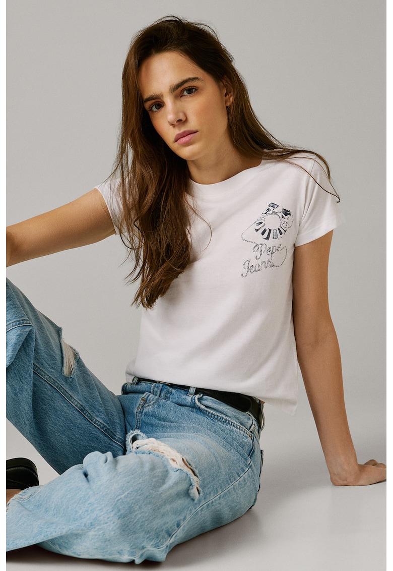 Tricou slim-fit cu decolteu la baza gatului Nancy - Alb/Bleumarin