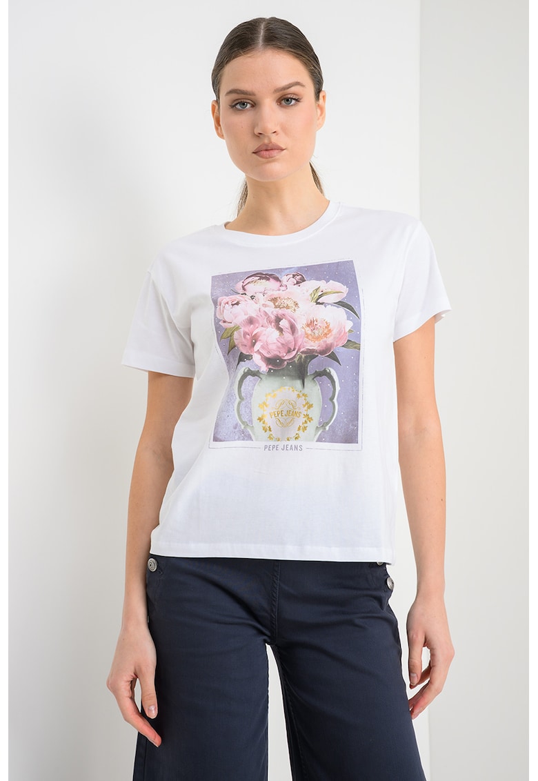 Tricou din bumbac cu imprimeu floral Magina - Alb/Verde feriga