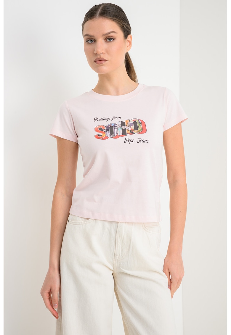 Tricou din bumbac cu imprimeu Nela - Maro inchis/Roz deschis