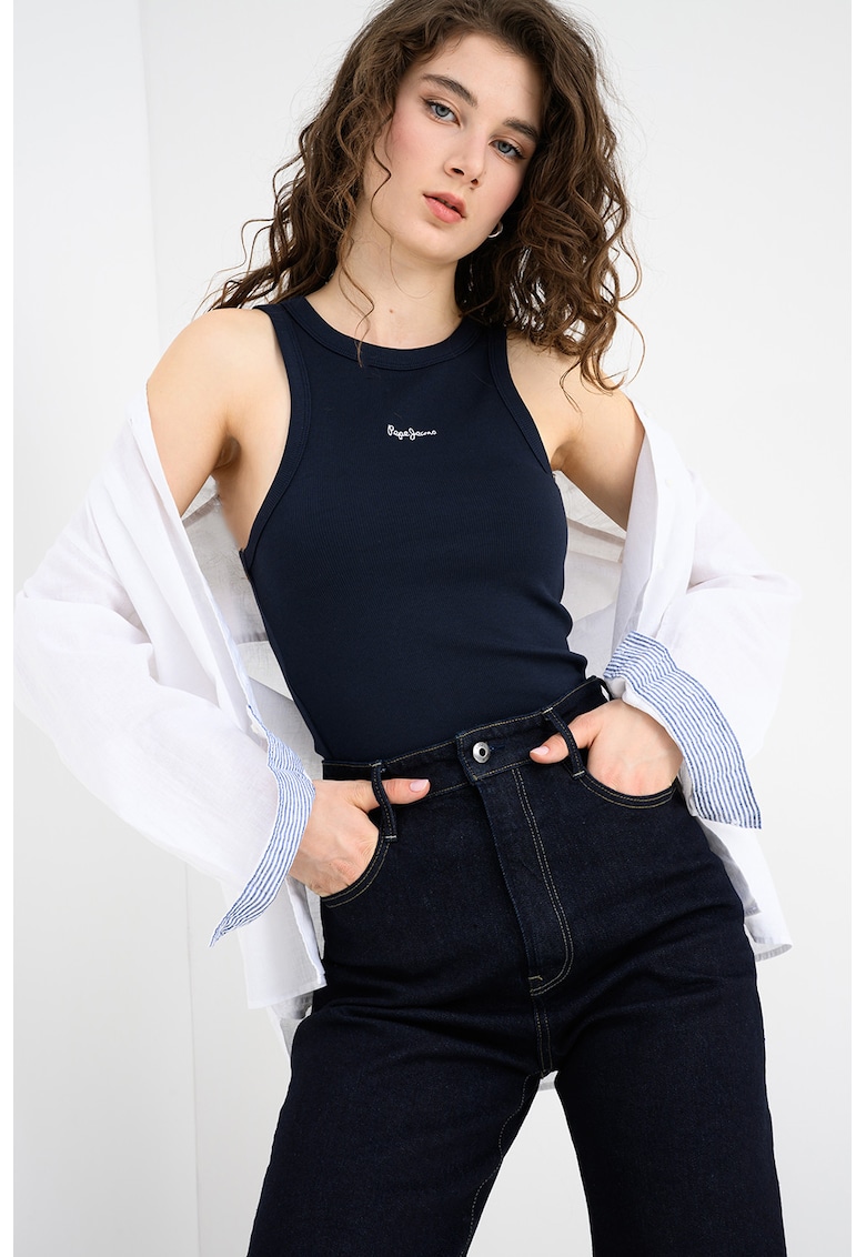 Top cambrat cu logo brodat Marian - Albastru inchis