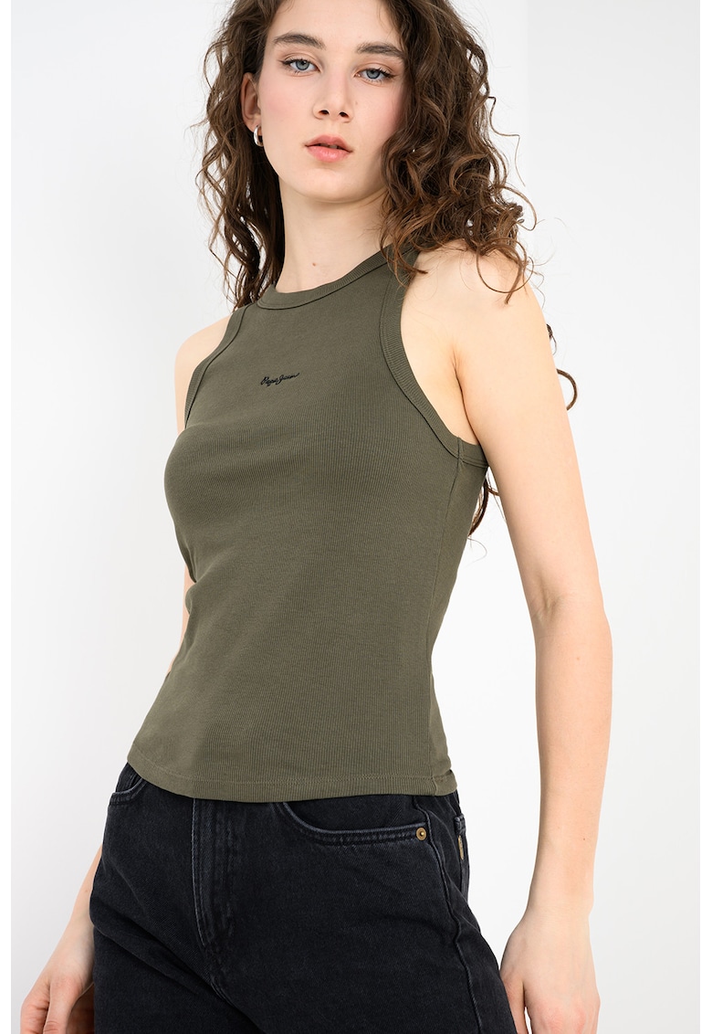 Top cambrat cu logo brodat Marian - Kaki inchis