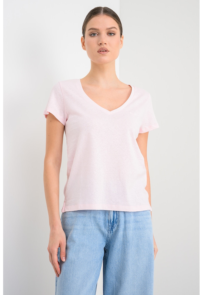 Tricou din bumbac si in cu decolteu in V Megan - Roz pal