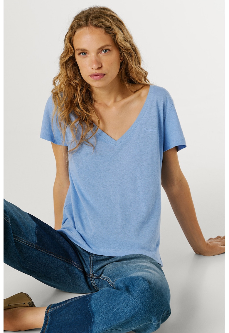Tricou din bumbac si in cu decolteu in V Megan - Albastru azur