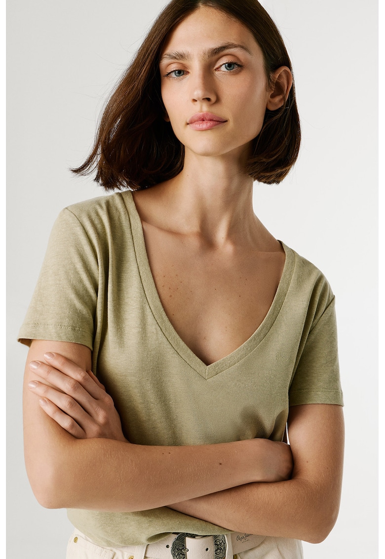 Tricou din bumbac si in cu decolteu in V Megan - Kaki