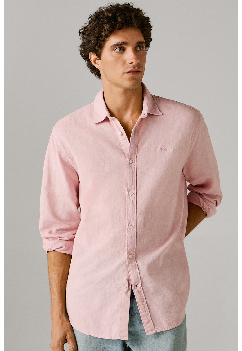 Camasa din amestec de in cu logo discret - Roz pastel