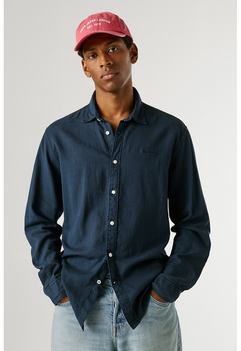 Camasa din amestec de in cu logo discret - Albastru gentian