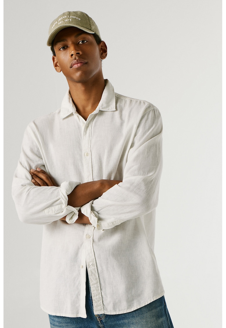 Camasa din amestec de in cu logo discret - Alb