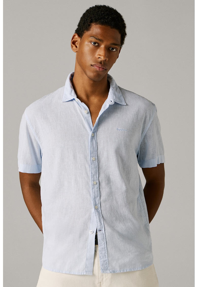 Camasa din amestec de in cu maneci scurte - Albastru pal