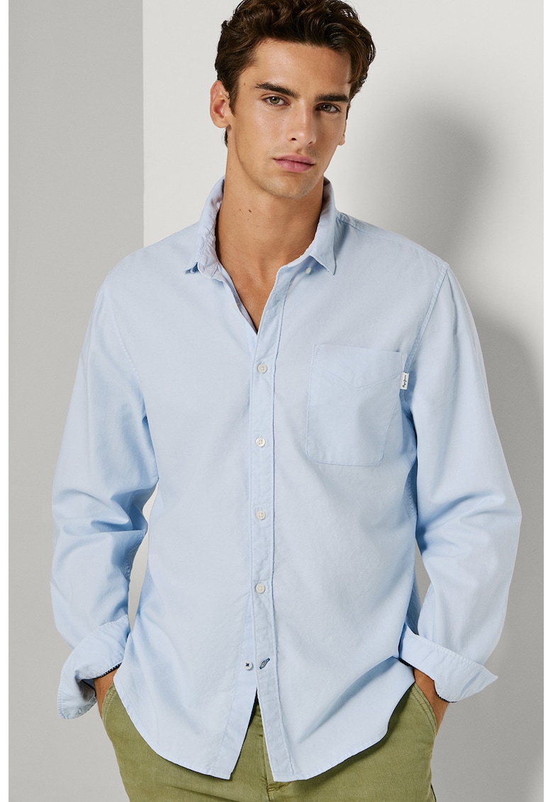 Camasa din bumbac cu buzunar pe piept - Albastru pal