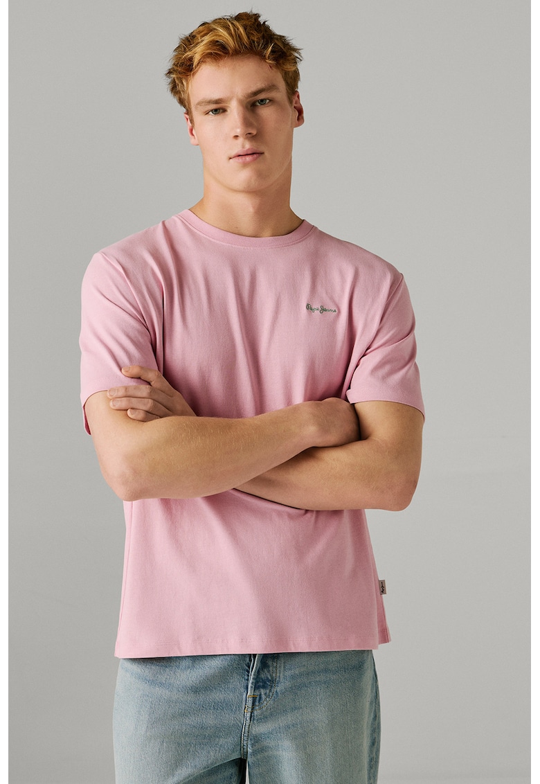 Tricou din bumbac cu logo brodat discret Connor - Roz pastel