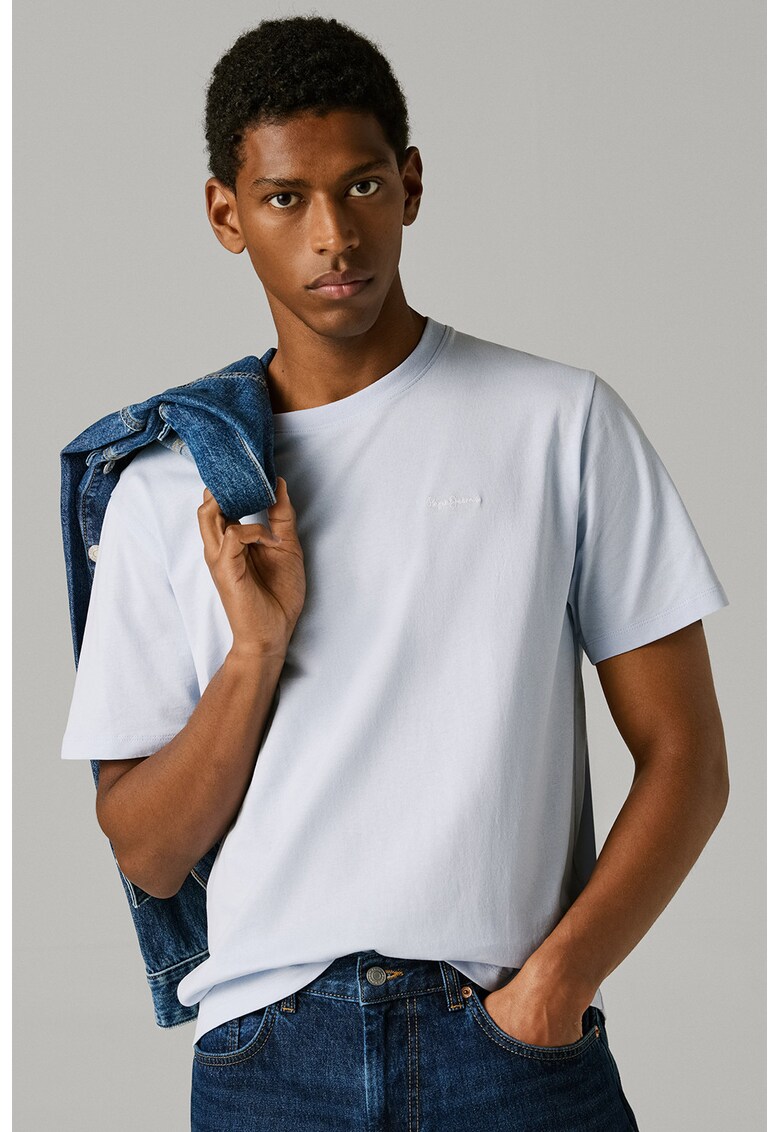 Tricou din bumbac cu logo brodat discret Connor - Albastru pal