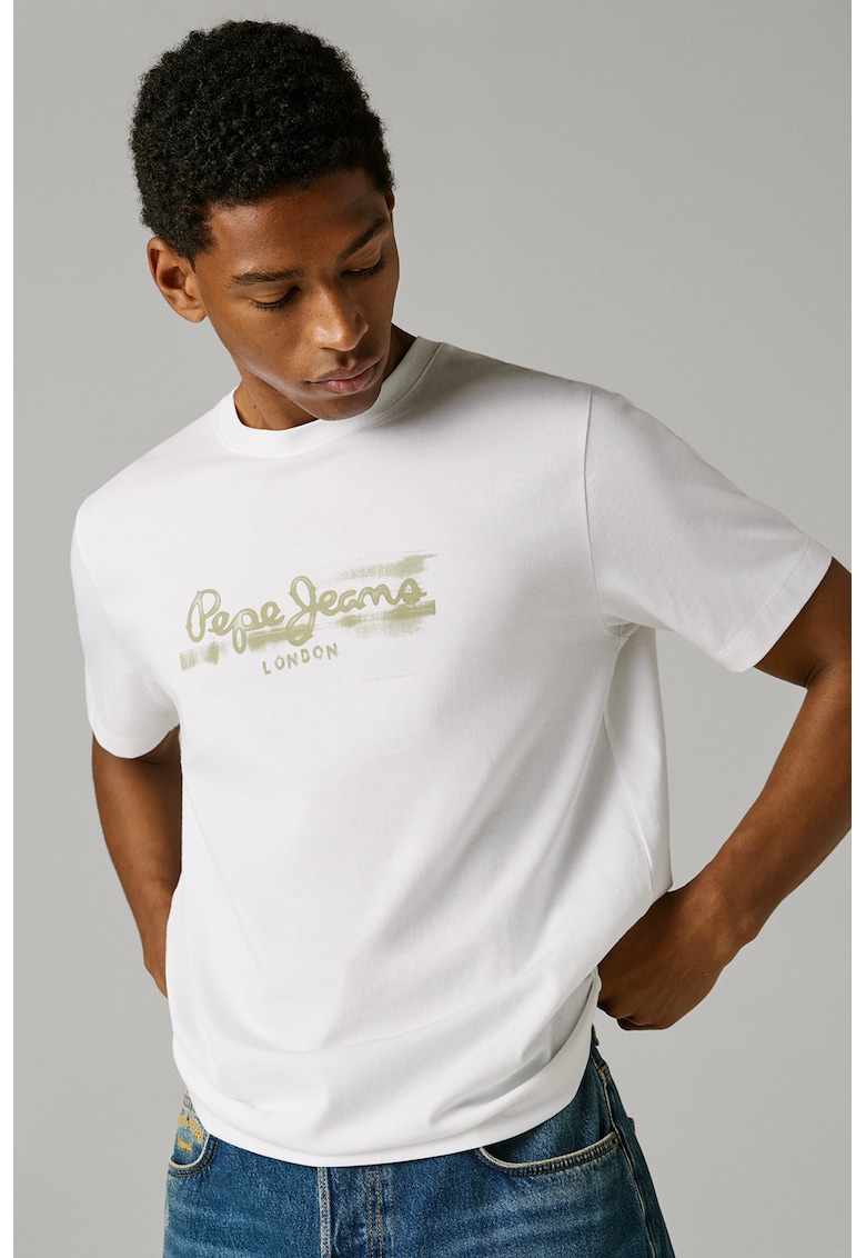 Tricou din bumbac cu logo - Alb/Verde masliniu pal