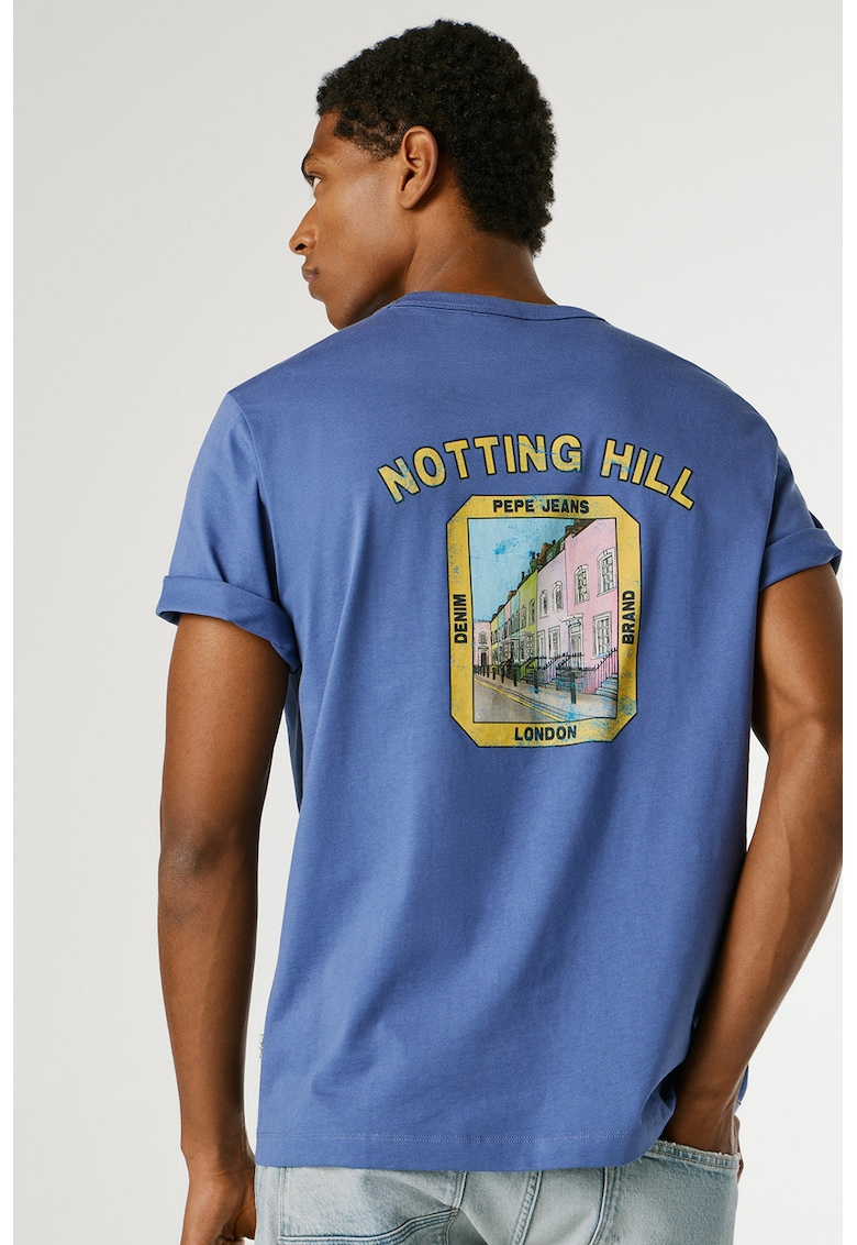 Tricou din bumbac cu imprimeu pe partea din spate - Galben miere/Albastru safir