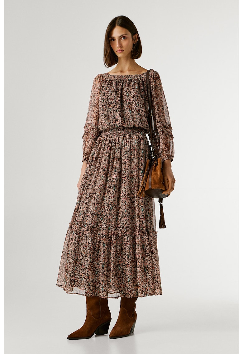 Rochie midi cu maneci lungi si model - Verde/Maro