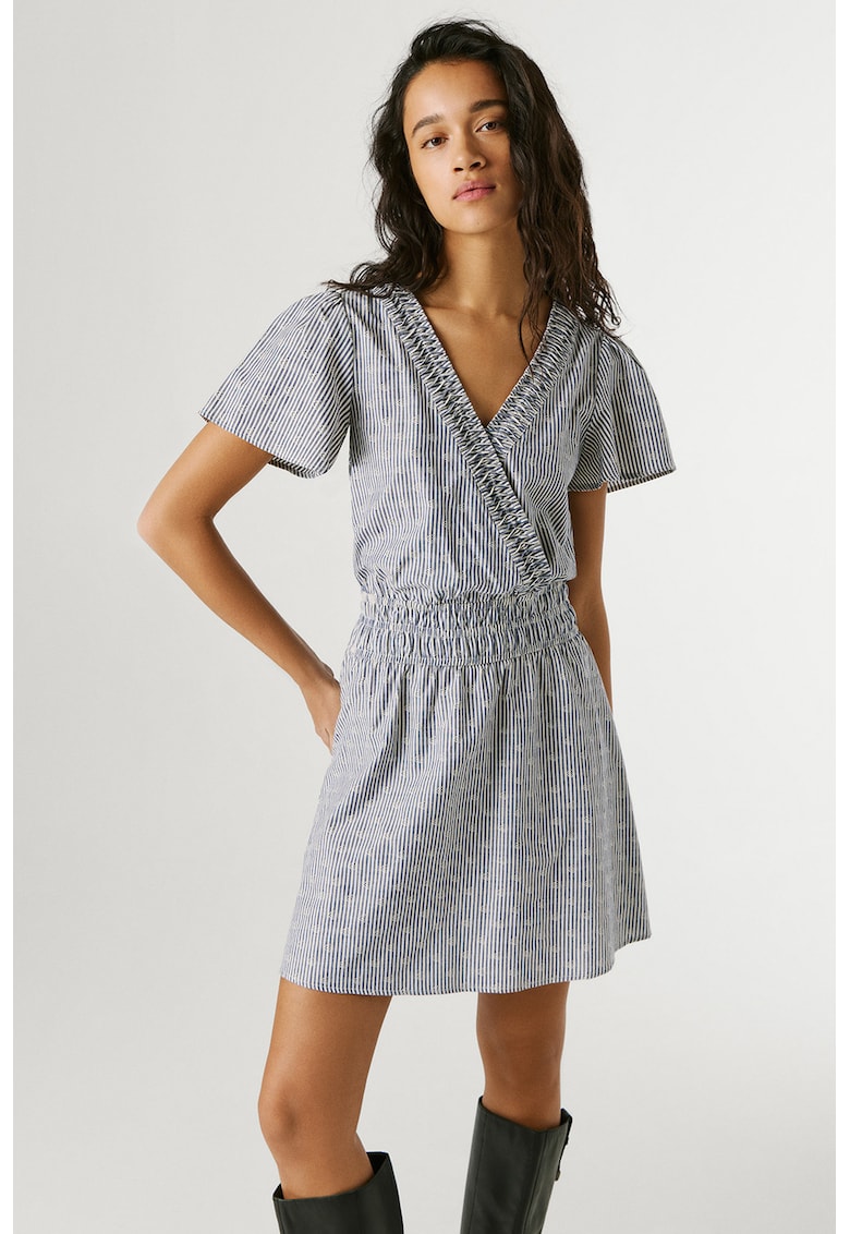 Rochie mini cu decolteu cache-coeur si dungi - Alb/Albastru inchis