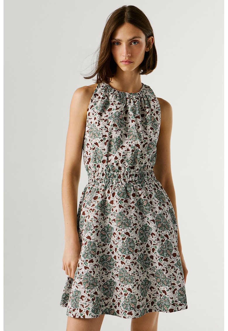 Rochie mini cu model - fara maneci - Verde/Maro cognac