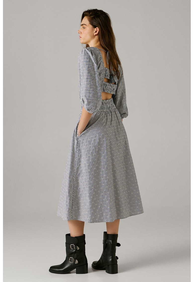 Rochie midi cu maneci 3/4 si dungi - Alb/Bleumarin