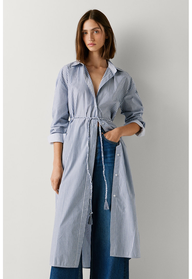 Rochie-camasa cu inchidere cu cordon si dungi - Alb/Albastru
