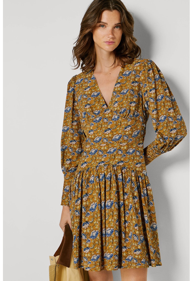 Rochie cu maneci bishop si model floral Avi - Maro/Bleumarin