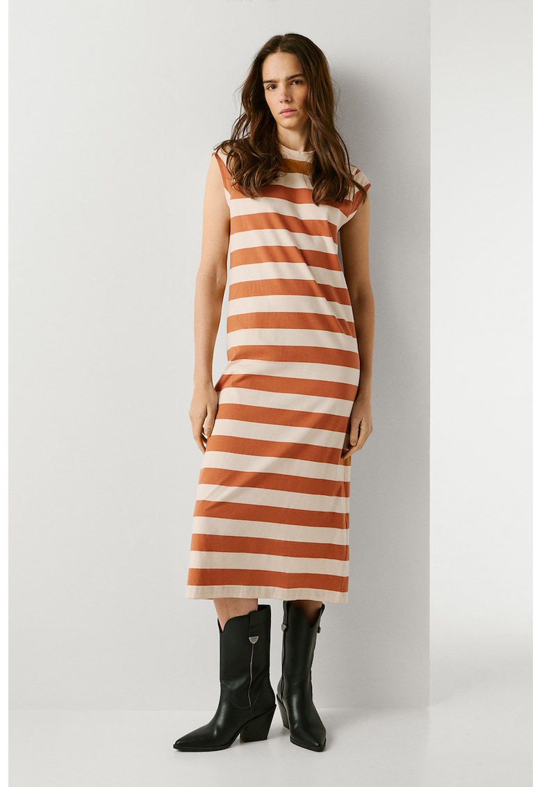 Rochie lunga din bumbac cu slit pe partea din spate si dungi Lila - Portocaliu/Bej deschis