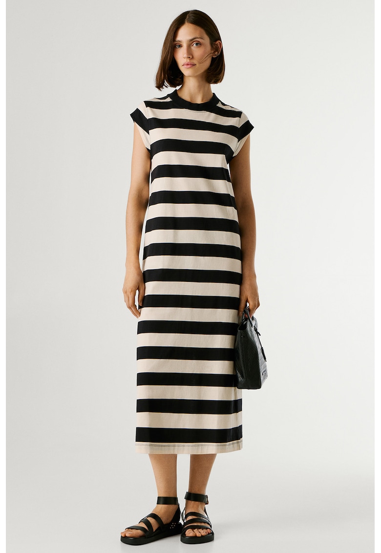 Rochie lunga din bumbac cu slit pe partea din spate si dungi Lila - Negru/Bej deschis