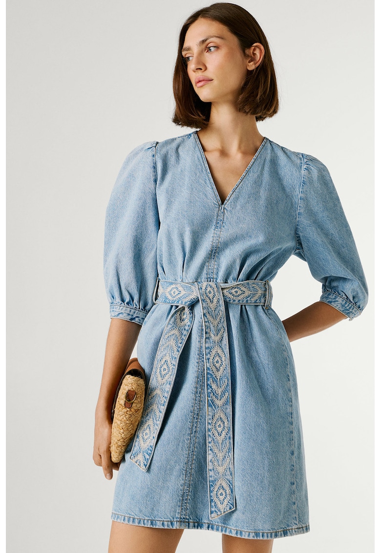 Rochie scurta din denim cu decolteu in V - Bej/Albastru deschis melange